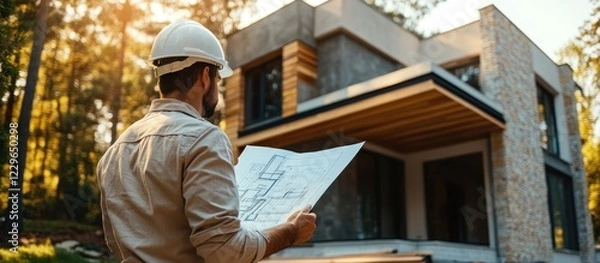 Fototapeta Architect reviewing blueprints in front of a new home construction.