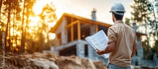 Fototapeta Architect reviewing blueprints in front of a new home construction.
