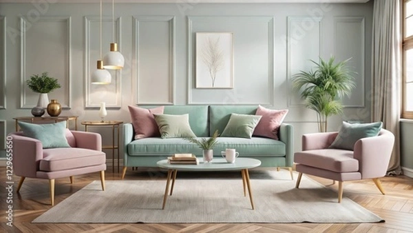 Fototapeta Pastel-colored velvet sofa with matching armchair and coffee table in a cozy living room, serene ambiance, interior design inspiration