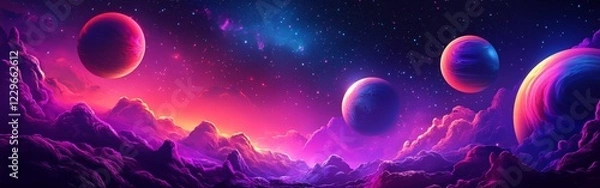 Fototapeta A colorful cosmic illustration featuring planets and stars in a nebula. Perfect for sci-fi or educational themes.