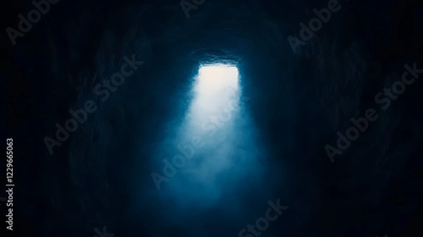Fototapeta A dark, narrow mine shaft illuminated by a single beam of light, creating a mysterious and ominous atmosphere.
