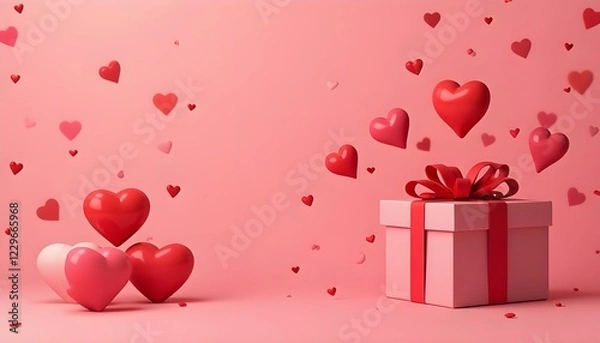Obraz Stylish Valentines Day gifts with red hearts on pastel red background