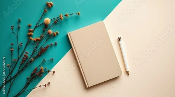 Fototapeta Minimalist beige notebook with a pen on a pastel turquoise surface under soft lighting.  