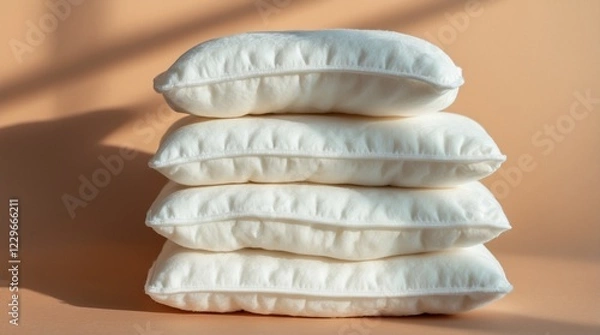 Fototapeta Neatly stacked white pillows on a beige background in soft natural lighting.  