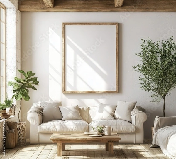 Fototapeta Cozy living room with natural light, featuring a neutral couch, decorative pillows, and a potted plant, ideal for relaxation. Copy space