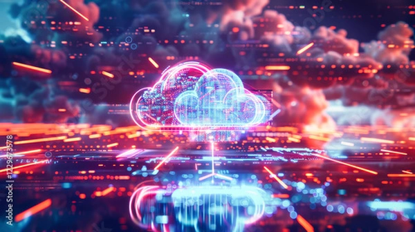 Fototapeta Digital information technology abstract background. Cloud storage and computing concept.