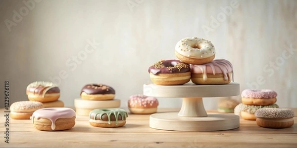 Fototapeta A delectable arrangement of assorted donuts on a tiered wooden stand, showcasing a variety of sweet treats with delightful toppings and drizzles
