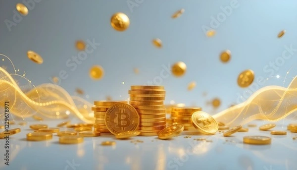 Fototapeta Glowing Bitcoin Symbol with Stacked Gold Cryptocurrency Coins in Modern Digital Concept 