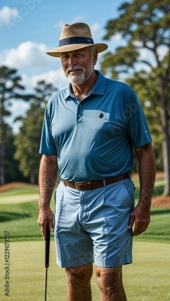 Fototapeta  A grandfather in a relaxedfit polo and Bermuda shorts with a straw hat on a golf course