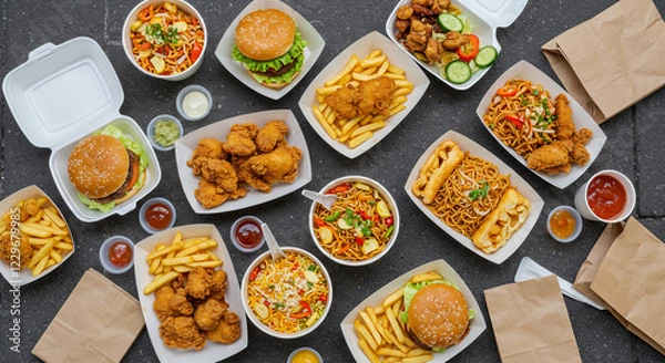 Obraz An appetizing spread of fast-food classics, featuring street-style and takeaway favorites, captured from a top-down view for the ultimate indulgent feast.