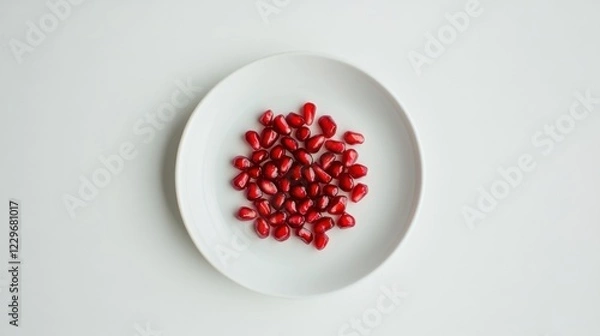 Fototapeta A minimalist plate of fresh pomegranate seeds, neatly arranged in a simple pattern on a plain white ceramic plate, Pomegranate seeds centered