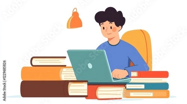 Fototapeta A content writer sitting at a desk, typing on a laptop, surrounded by books and notes on a clean white background.