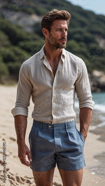 Fototapeta  A man in tailored swim trunks and a linen buttonup shirt on a sandy shore