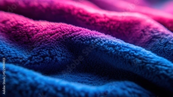 Fototapeta Close-up of soft, plush fabric with vibrant pink and blue ombre gradient.