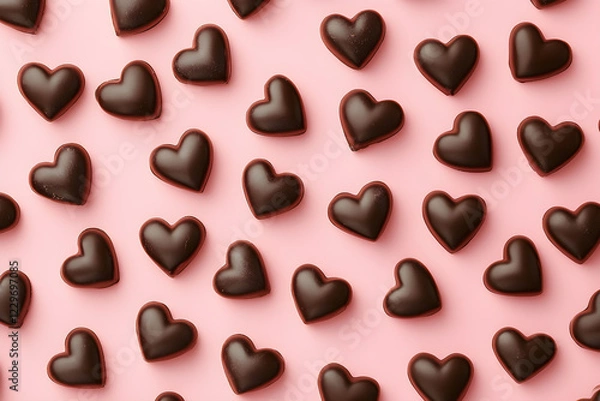 Fototapeta Heart-shaped chocolates on a pink background, Valentine's Day concept, close up of chocolate candies wallpaper