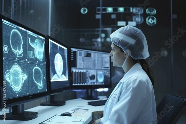 Fototapeta A doctor in a hospital evaluating AI-assisted medical diagnoses on large screens, AI generated