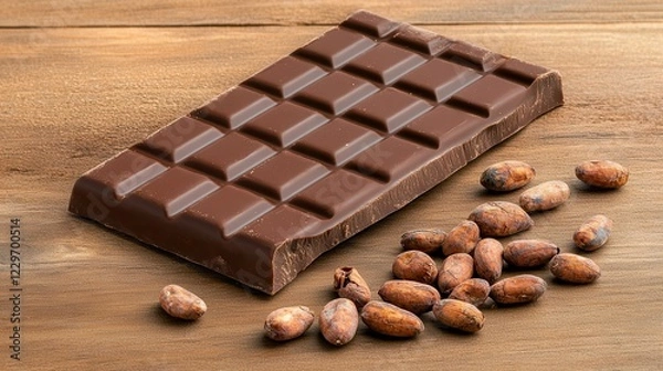 Fototapeta Dark Chocolate Day Concept: Chocolate bar with cocoa beans on a wooden surface.