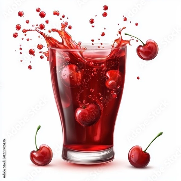 Fototapeta flying cup of cherry soda with vibrant red fizzy splashes, isolated on a white background