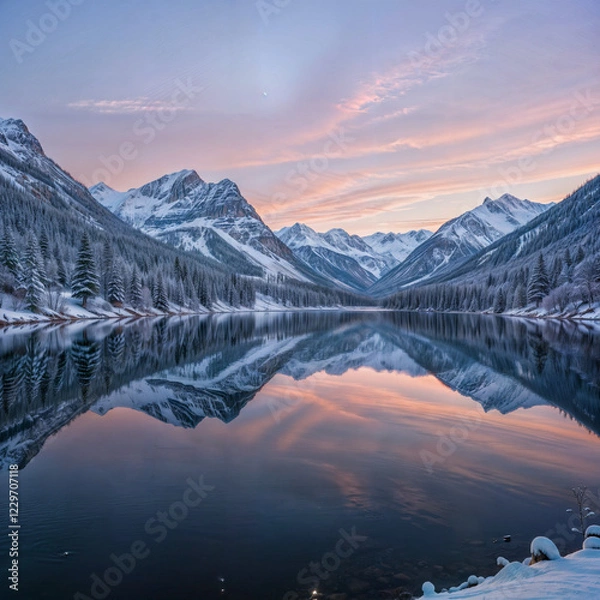 Fototapeta The image depicts a serene winter landscape with a calm lake reflecting the surrounding snow-covered trees and mountains. The sky is a soft gradient of pinks and purples, indicating either sunrise or 