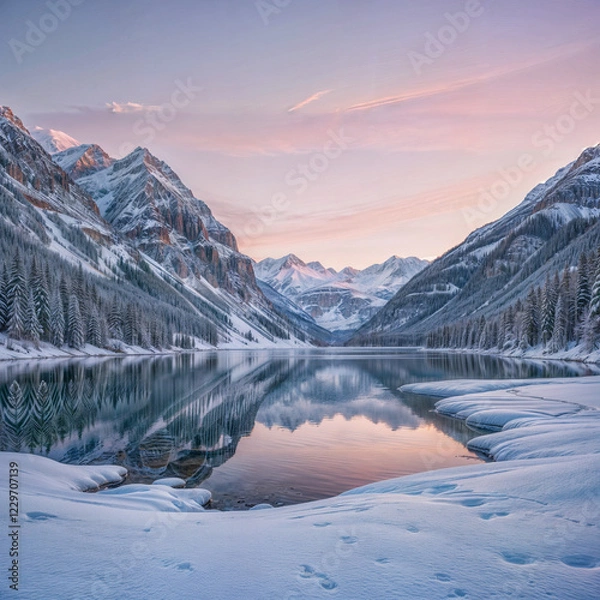Fototapeta The image depicts a serene winter landscape with a calm lake reflecting the surrounding snow-covered trees and mountains. The sky is a soft gradient of pinks and purples, indicating either sunrise or 