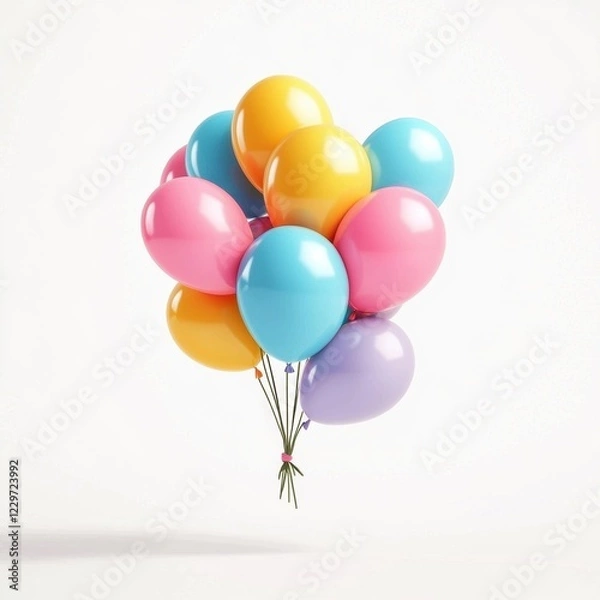 Fototapeta bunch of colorful balloons tied together, hovering in the air, placed on a bright white background