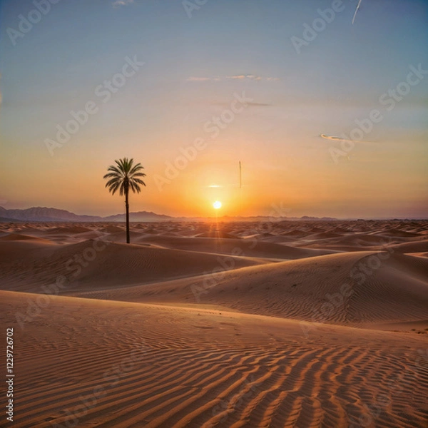 Fototapeta The image depicts a serene desert landscape at sunset, with rippled sand dunes stretching to the horizon and a solitary palm tree standing prominently in the foreground. The warm glow of the setting s