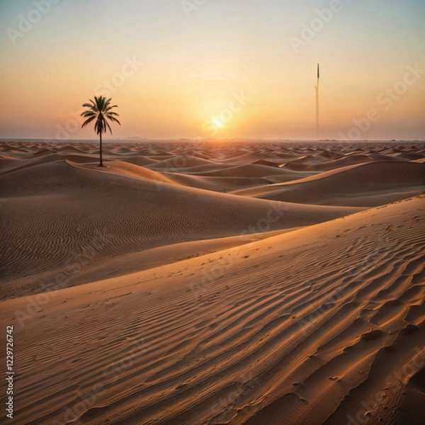 Fototapeta The image depicts a serene desert landscape at sunset, with rippled sand dunes stretching to the horizon and a solitary palm tree standing prominently in the foreground. The warm glow of the setting s