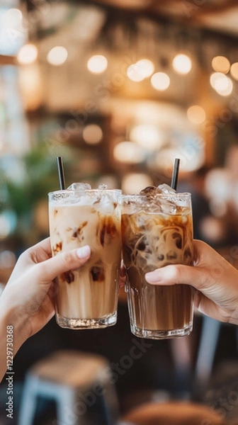 Obraz Friends enjoy iced coffee drinks at a cozy cafe using their hands to toast in a warm ambient setting during the afternoon
