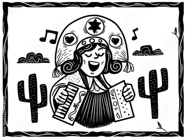 Obraz Rustic woodcut illustration of a female accordion player wearing a traditional hat, surrounded by cacti and musical notes. Celebrating Brazilian Northeastern culture and forró music