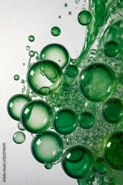 Obraz Abstract green bubbles in a fluid composition. Transparent, glossy spheres floating in a soft, airy background. Modern, fresh, and dynamic visual design. Generative AI