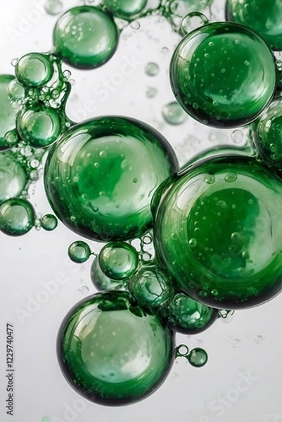 Obraz Abstract green bubbles in a fluid composition. Transparent, glossy spheres floating in a soft, airy background. Modern, fresh, and dynamic visual design. Generative AI