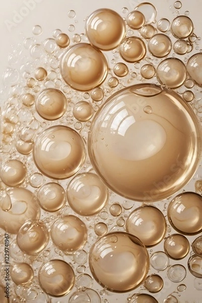 Obraz Glossy beige bubbles floating in a translucent liquid. Abstract fluid composition with a soft, dreamy aesthetic. Modern, airy, and elegant design. Generative AI