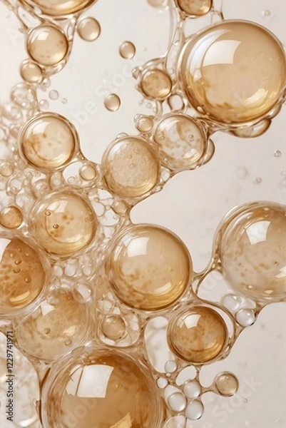 Fototapeta Glossy beige bubbles floating in a translucent liquid. Abstract fluid composition with a soft, dreamy aesthetic. Modern, airy, and elegant design. Generative AI