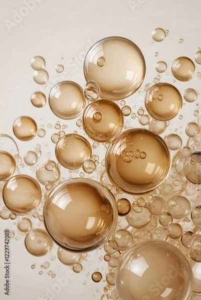 Obraz Glossy beige bubbles floating in a translucent liquid. Abstract fluid composition with a soft, dreamy aesthetic. Modern, airy, and elegant design. Generative AI