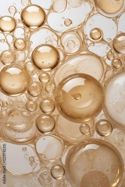 Obraz Glossy beige bubbles floating in a translucent liquid. Abstract fluid composition with a soft, dreamy aesthetic. Modern, airy, and elegant design. Generative AI