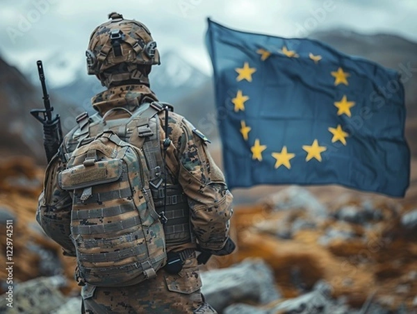 Fototapeta Proud European Union soldier in combat uniform, ai generated, AI generated