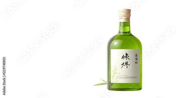 Obraz Illustration of a green glass bottle of sake with a white label and Japanese characters.