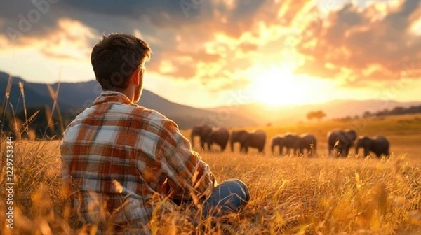 Fototapeta A thoughtful animal-like human observing a herd of majestic elephants amidst tall grass in a serene savanna landscape