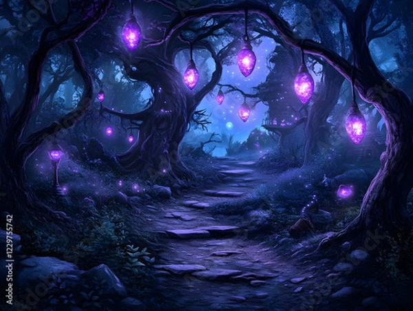 Fototapeta Magical forest path, glowing lights, fantasy landscape, game background