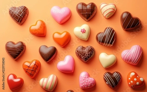 Fototapeta n assortment of colorful heart-shaped candies and chocolates, artistically arranged on a warm sunset orange-to-pink gradient background. Valentines Day and 8 March theme