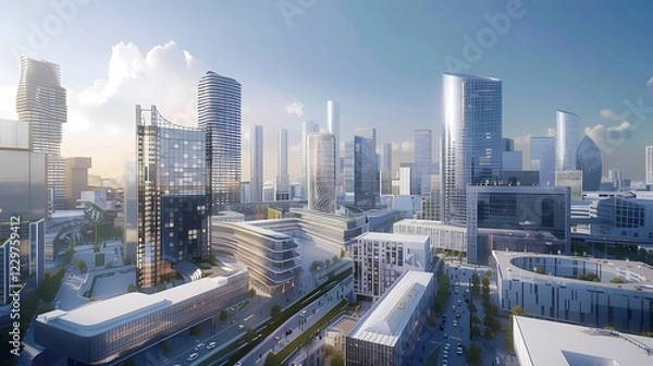 Fototapeta Futuristic cityscape with modern skyscrapers under a clear blue sky, Paris, illustration, AI generated