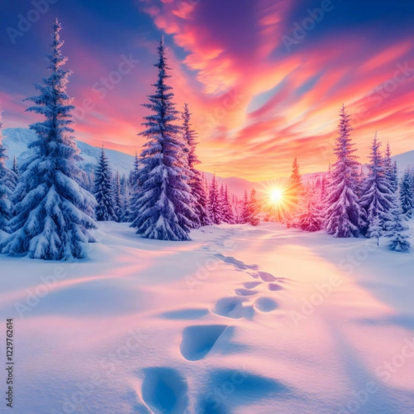 Fototapeta Winter sunset, snow-covered path, mountains