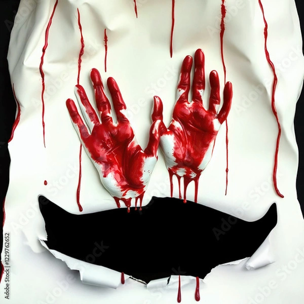 Obraz Two hands or gloves covered in red paint, resembling blood, are pressed against a white surface—streaks of red drip down from the hands. Below the hands, there is a black smiling hole.