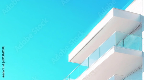 Fototapeta Minimalist Modern Building with Glass Balconies Against Blue Sky
