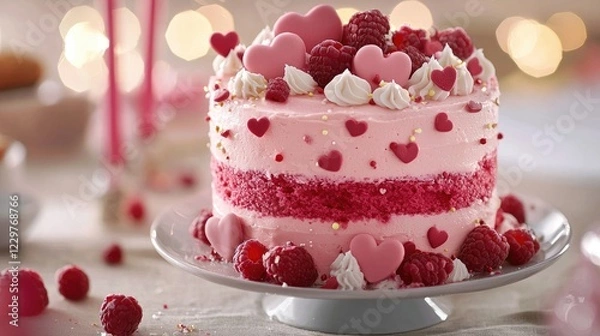 Fototapeta Valentine s Day love displayed through a two-tiered raspberry mousse cake with delicate garnishes on a light backdrop