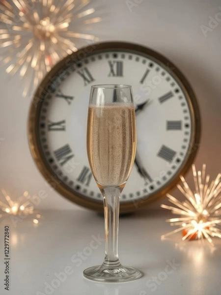 Fototapeta Champagne glasses positioned against a clock with a sparkling fireworks display in the background, luxury, glassware, sparkling wine