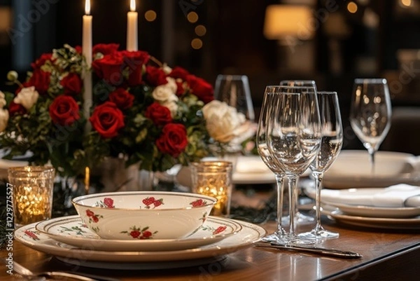 Fototapeta Elegant dinner table setup with roses and glassware cozy home event decoration intimate atmosphere warm lighting celebration