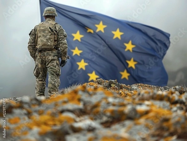 Fototapeta Proud European Union soldier in combat uniform, ai generated, AI generated