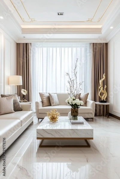 Fototapeta A sleek neoclassical living space with marble flooring, a marble coffee table, white and gold moldings, cream sofas, and unique golden sculptures placed