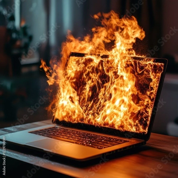 Fototapeta Laptop with Flames Erupting from Screen in Dark Environment